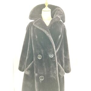 Vintage 50s Borgana by Fairmoor Lined Black Teddy Faux‎ Fur Trench Coat Womens L